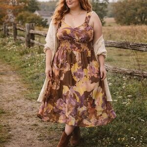 Mile Gabrielle 1x Floral Smocked Midi Dress Boho Cottagecore Size 1X Empire